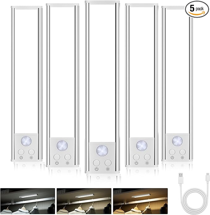 Diomart Under Cabinet Lights Motion Sensor, Rechargeable Puck Lights Wireless with Adhesive, Dimmable Kitchen Closet Lighting, 3 Color Temperature Adjustable, Auto On/Off for Stairs, Counter, 5 Pack