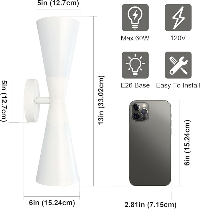 Modern Indoor Wall Sconce Up and Down White Wall Sconce Mid Century Indoor Wall Light Fixture Hardwired Wall Mounted Lamp for Living Room Bathroom Bedroom Hallway 13 Inch