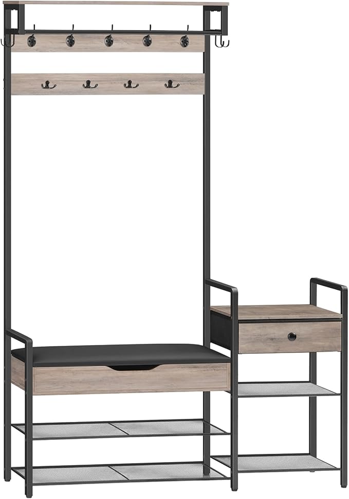 HOOBRO Hall Tree with Bench, Shoe and Coat Rack for Entryway, Coat Rack with Bench, Flip Top Storage Box, PU Cushioned Seat, Non-Woven Fabric Drawer, for Entrance, Greige and Black BG110MT01