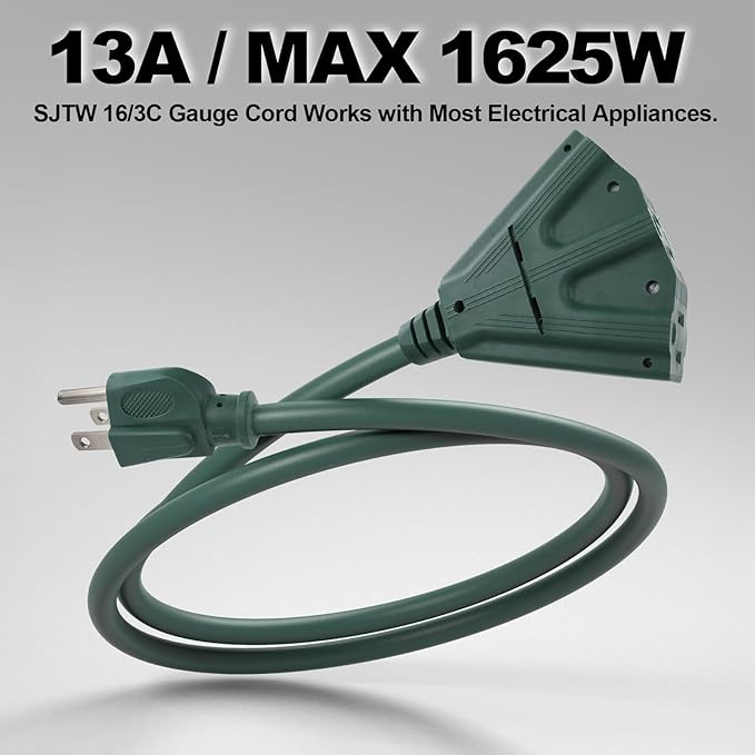 EP 2 Pack 10 Ft Outdoor Extension Cord with 3 Electrical Power Outlets - 16/3 SJTW Green Cable with 3 Prong Grounded Plug for Safety Great for Christmas Lights, Garden and Major Appliances