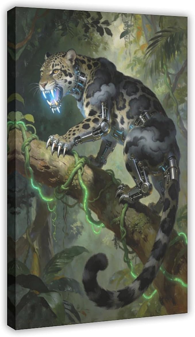 Framed Steampunk Mechanical Leopard Wall Art - Jungle Futuristic Beast Poster for Man Cave Living Room Decor 12x18inch(30x45cm)