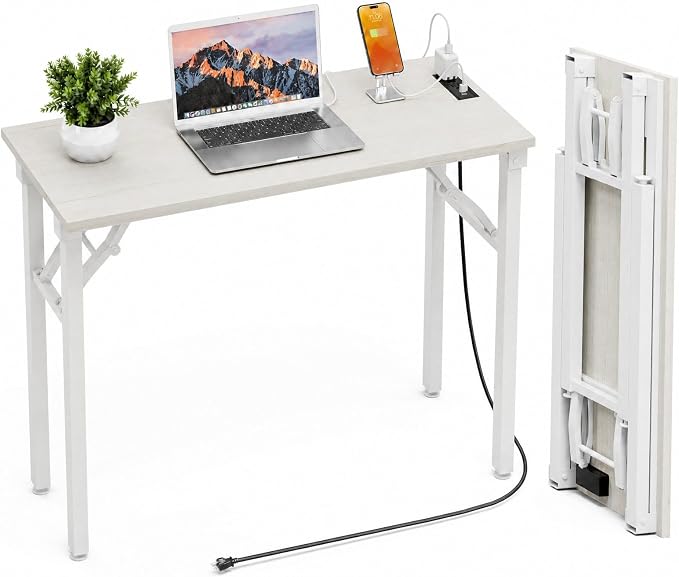 Folding Table Computer Desk - 35.8" No Assembly Folding Desk with Power Outlets & USB Charging Port, Small Desk, Foldable Office Desk, Compact Storage Portable Use for Small Space, White Ash