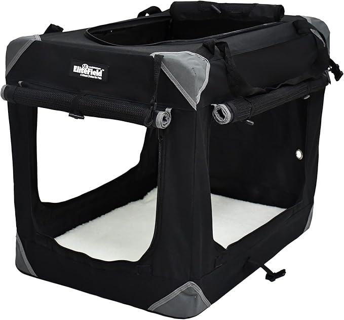 EliteField 4-Door Folding Soft Dog Crate with Curtains, Carrying Bag and Fleece Bed (2 Year Warranty), Indoor & Outdoor Pet Home (30" L x 21" W x 24" H, Black+4 Door Curtains)