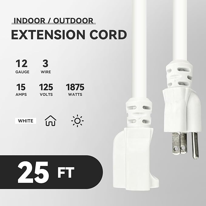 25 ft Heavy Duty Extension Cord - 12/3 SJTW 15 AMP Indoor Power Cord with 3 Prong Grounded Plug for Lawn Mower, Appliances, Workshop, Christmas Lights Water Resistant Flexible Cable White.