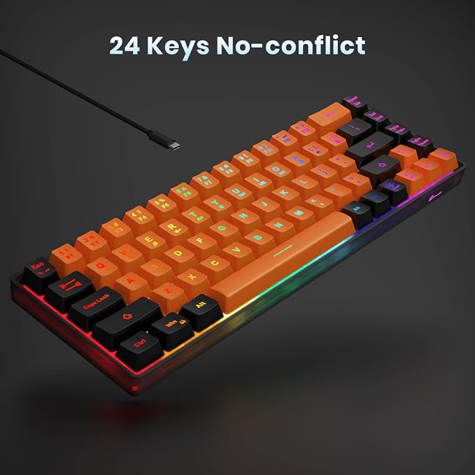 GEODMAER 65% Gaming Keyboard, LED Backlit Mini Wired Keyboard, Ultra-Compact Anti-Ghosting No-Conflict 68 Keys Membrane Gaming Wired Keyboard for PC Laptop Windows Gamer(Orange-Black)