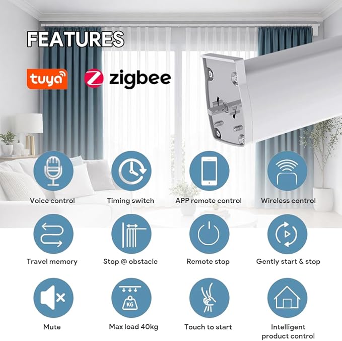 ZigBee 3.0 Smart Curtain Motor with Ripple Fold Track, Mini Silent Electric Drapery System, 1.2N.m App Voice Control Compatible with Alexa & Google Home (3 meters (118.1 inches))