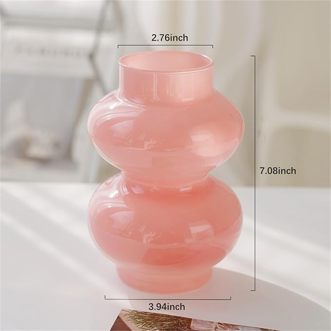 JSPYFITS Glass Hydroponic Flower Vase, Double Balls Colored Glasses Bubble Vase for Flowers, 7 Inches Glass Funky Vases for Home/Office/Weddings/Party Table Décor (Pink)