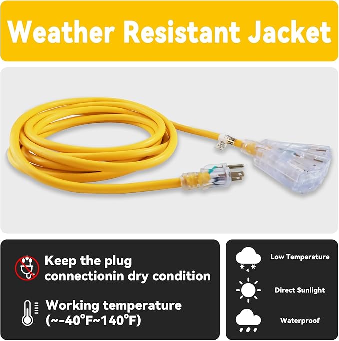 EP 12 Ft 12 Gauge Heavy Duty Extension Cord, 15A 125V 1875W, 3 Outlet Indoor/Outdoor Power Cord with Lighted End, 12/3 SJTW Weatherproof Yellow