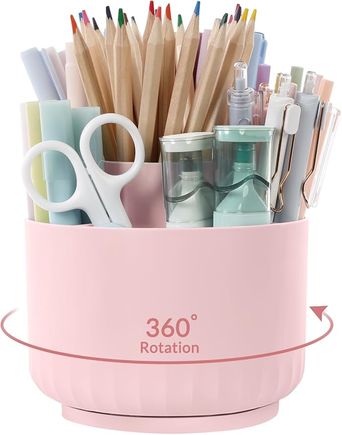 SKYDUE Makeup Organizer, Rotating Pencil Pen Holder for Desk, Dual-Purpose Desk Organizer for Cosmetics & Pens, Makeup Brush Holder with 5 Slots, Pencil Cup for Office, Home