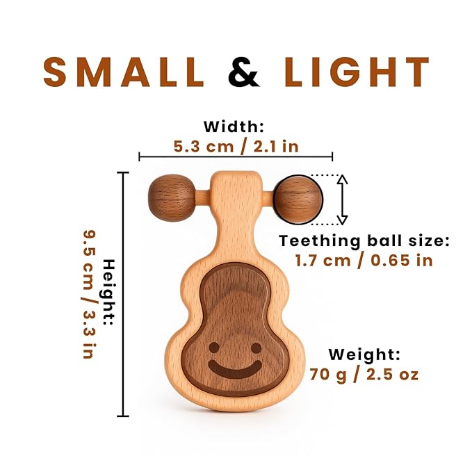 Wooden Guitar Teether Rattle for Babies | Natural Beechwood & Walnut Wood | Non-Toxic Organic Teething Toy | 0-12 Months | ASTM EN71 CPSC Certified | Gift for Baby Shower
