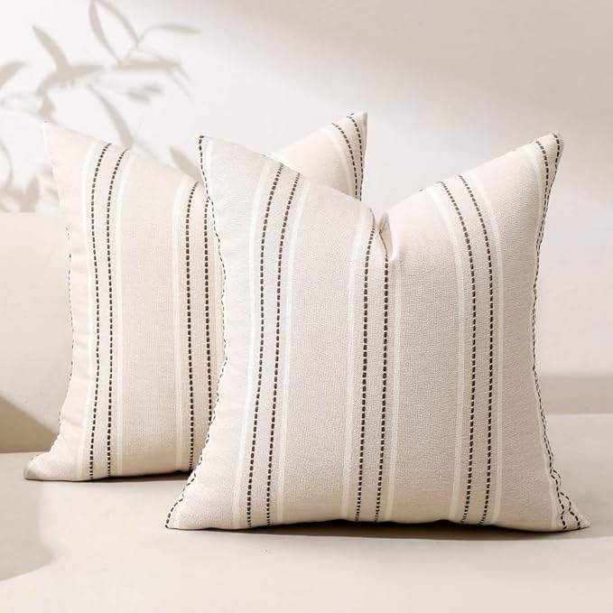 Hckot Striped Throw Pillow Covers 24x24 Set of 2 Charcoal Pillow Covers | Large Farmhouse Decorative Pillows Textured Linen Square Cushion Covers for Sofa Couch Bed Living Room Decor