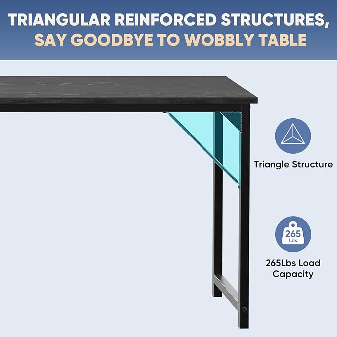 DUMOS 63 Inch Small Computer Desk, Gaming Desks for Home Office Bedroom | Modern Study Writing Work Table, Craft PC Desk Simple Workstation with Reinforcement Structure, Black