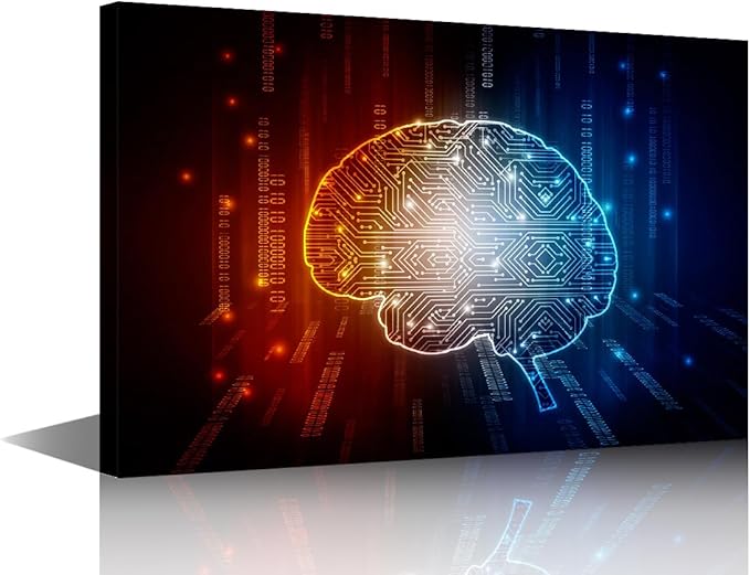 TUMOVO Artificial Intelligence Brain Wall Art Painting on Canvas Red Blue Bedroom Wall Art Modern Home Decor Digital Technology House Decorations for Living Room Stretched Frame, 18x12in