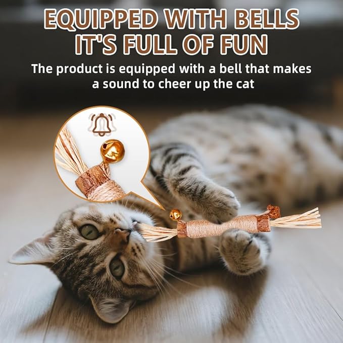 Natural Dried Matatabi Cat Chew Stick with Gall Fruit, Raffia Grass & Bell Cat Ball Toys, Handmade Silvervine Sticks Interactive Catnip Toys for Teething & Entertainment (Size M Color I)