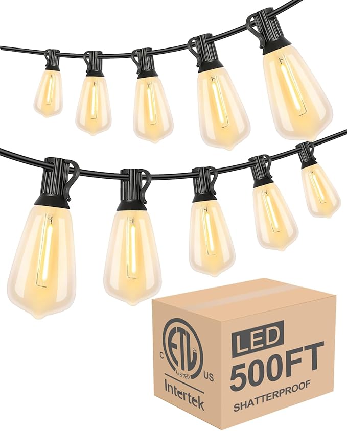 Lightdot 500FT Outdoor String Lights, LED Bistro String Lights with Shatterproof ST38 Vintage Bulbs, 2200K Dimmable, Waterproof Hanging Lights for Porch, Deck, Garden, Backyard, Balcony - ETL Listed