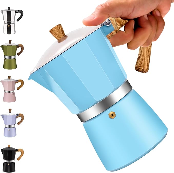6 Cup Aluminum Moka Pot Classic Stovetop Espresso Coffee Maker 300ml 10oz Coffeemaker Percolator Mocha Pot Greca Coffee Maker Cafe Makers for Italian and Cuban Café Brewing Blue