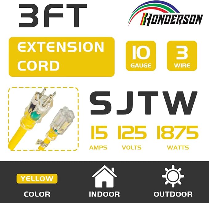 Extension Cord Weatherproof with Lighted End, UL Listed, 10 Gauge 3FT Yellow 3 Prong Heavy Duty, 10/3 SJTW 15A Power Cord for Lights, Lawn