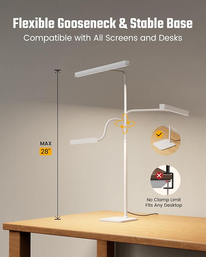 SUPERDANNY LED Desk Lamp for Home Office, Eye-Caring Desk Light with Base, 12W Touch Control 3 Colors Dimmable Brightness, Gooseneck Architect Lamp for Computer Monitor Reading Workbench, White