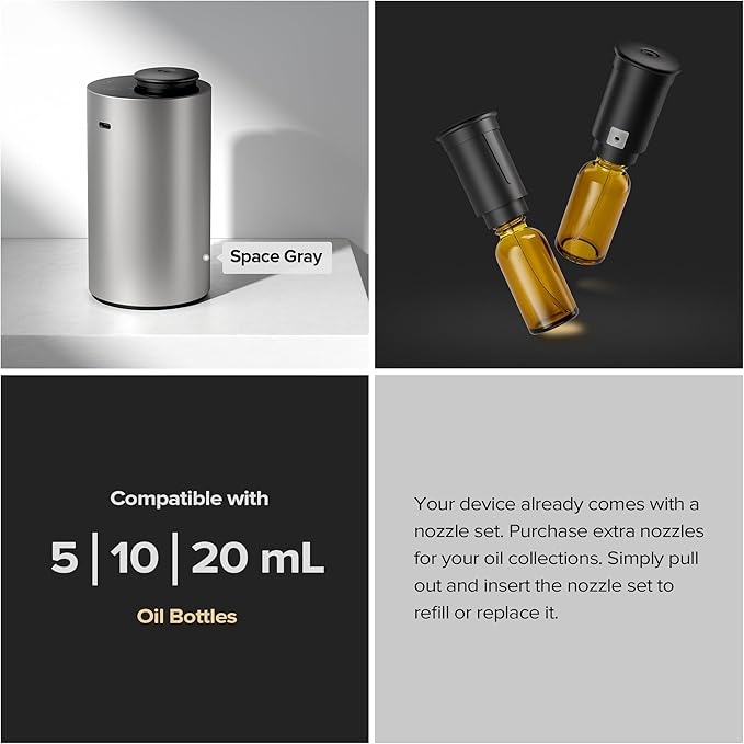 Waterless Essential Oil Diffuser for Home Aromatherapy Scent Diffusers with 3 Countdown Timer Settings or Timer-Off, 3 Mist Levels for Car Room Studio Office, Premium Metal Black and Gold 2 Pack