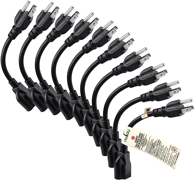 [ETL Listed] Miady Short Power Extension Cord Outlet Saver, 16AWG/13A, 3 Prong (10 Pack, Black, 8 Inch)
