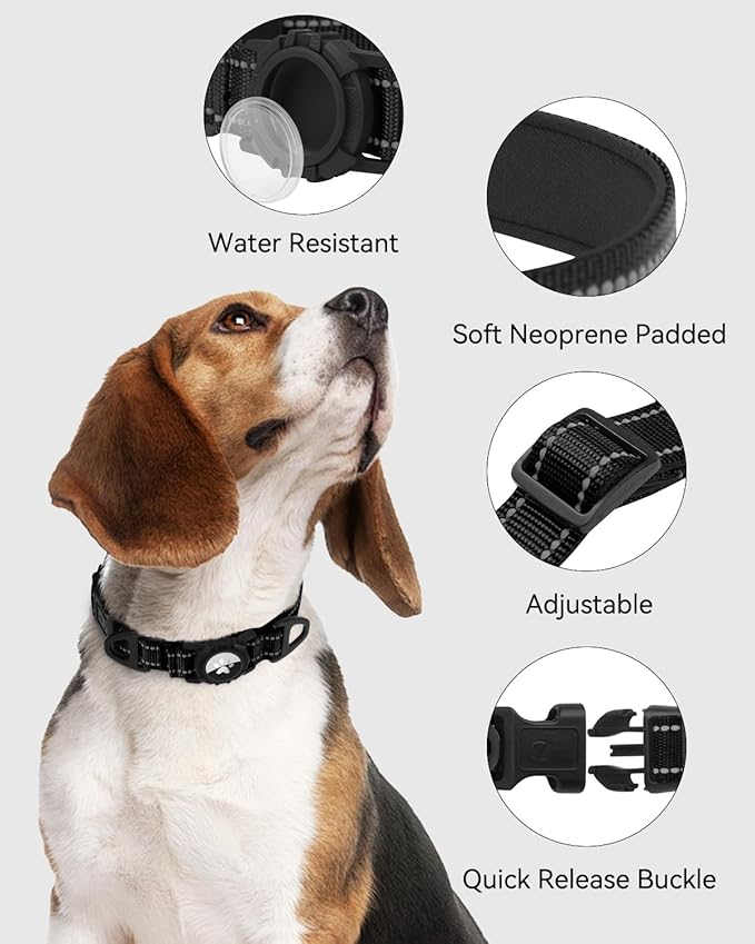 Joytale Airtag Dog Collar, Reflective Pet Collar with Waterproof AirTag Holder, Dual D-Rings, Soft Padded Adjustable for Extra Large Dogs, Black, XL