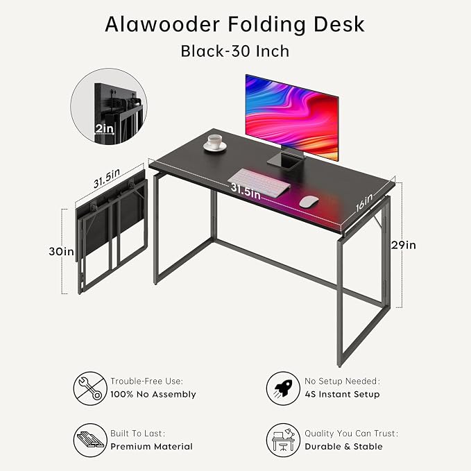 alawooder 31.5" Folding Desk: No Assembly, Wood Top for Small Spaces | Home office desk, holds 150 lbs, folds flat to 2.3 in, splash-proof wood top, sturdy metal frame