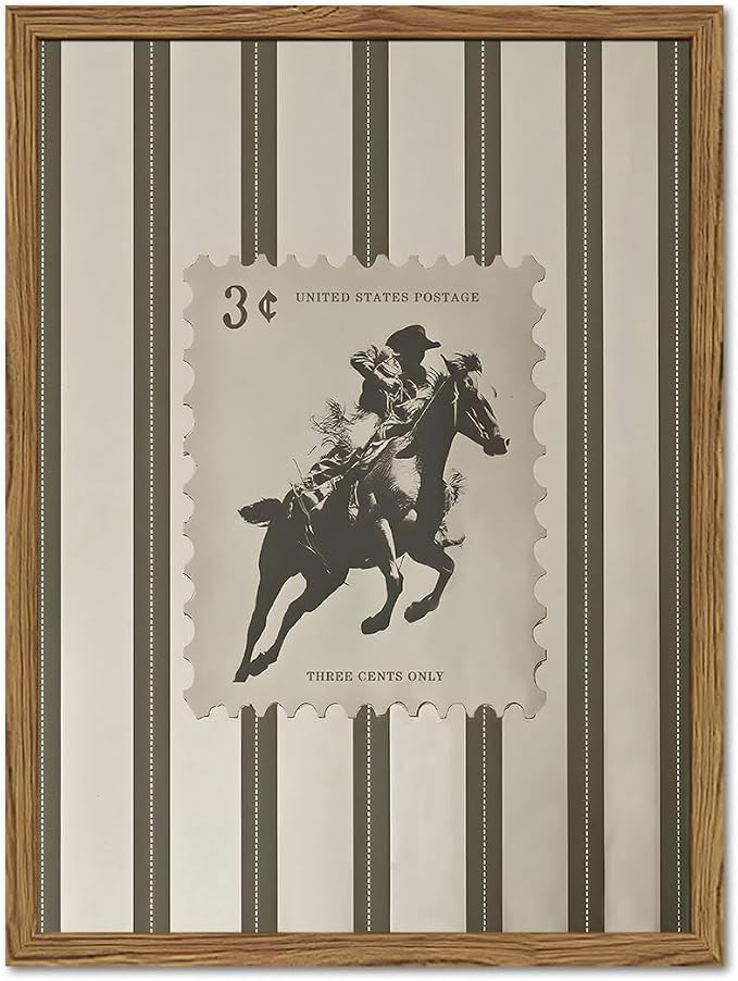 Vintage Western Wall Art Southwest Cowboy Wall Decor Pictures Mid Century Southwestern Striped Cowboy Riding Horse Poster Canvas Prints for Bedroom Living Room 16x24 inch Wood Framed