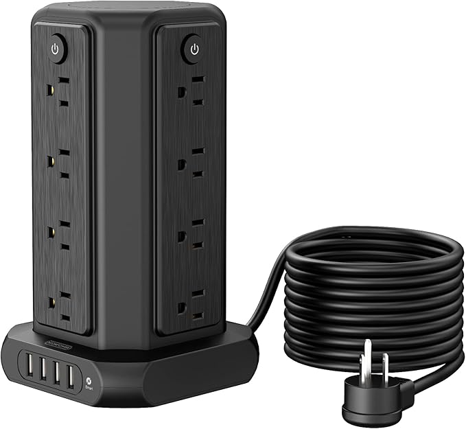 Surge Protector Power Strip Tower with USB Ports, 15 FT Extension Cord Tower with 16 Widely Spaced Outlets 4 USB Ports, 1080 Joules, Overload Protection, Flat Plug Power Strip for Home, Office, Black