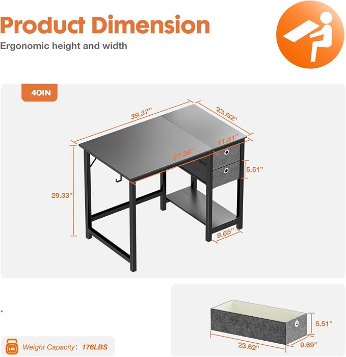 Sweetcrispy 40-Inch Computer Desk with Drawers, Office Desk, Black | Small Desk for Bedroom Home Office with Side Hook, Modern Simple desk with storage for Writing