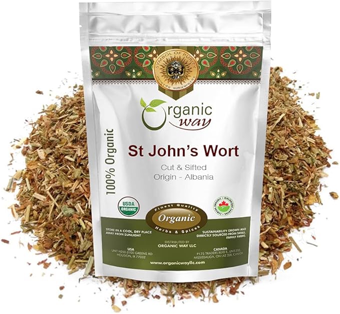 ORGANIC WAY St. John's Wort Cut & Sifted (Hypericum perforatum) - Herbal Tea | European Wild-Harvest | Organic, Kosher & USDA Certified | Vegan, Non GMO & Gluten Free | Origin - Albania (8 Oz)