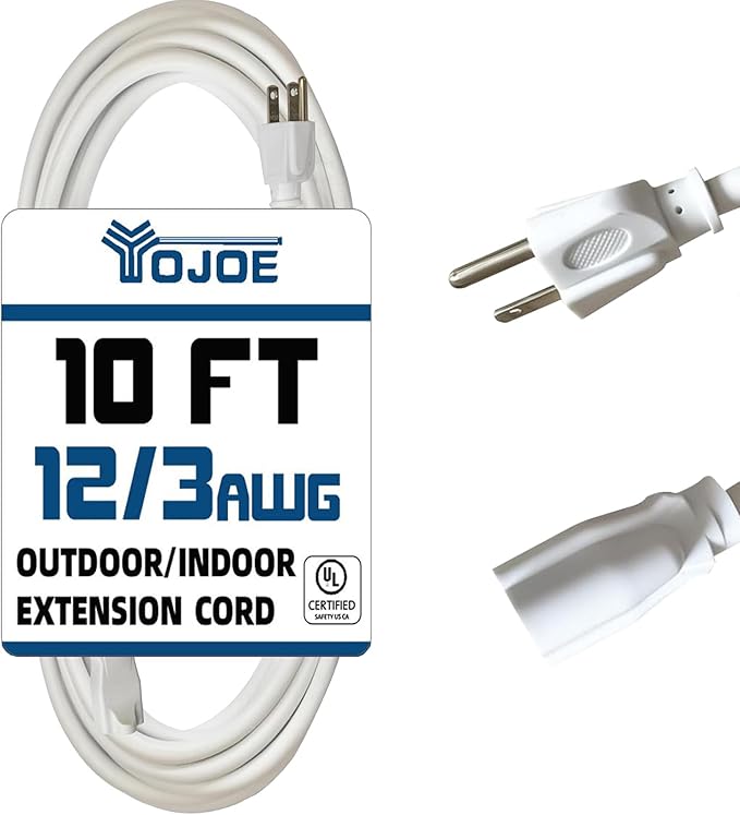 YOJOE Indoor Outdoor Extension Cord, 3 Prong 15A Weatherproof Power Cord, 12 Gauge Heavy Duty 10 ft White Extension Cord for Garage, Garden and Home, 12/3 SJTW UL Listed