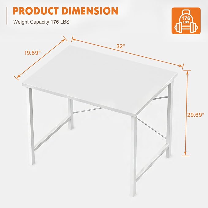 Sweetcrispy 32-Inch Small Computer Desk for Bedroom, Light White | Gaming Writing Work and Study Desk for Home Office, Sturdy Metal Frame and Compact Modern Design with X-Shaped