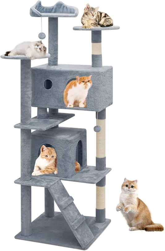 Athena Collection 70 Inch Cat Tree for Indoor Cats, Multi-Level Activity Center With 2 Condos, Scratching Post & Dangling Ball, Tall Climbing Tower, Light Gray
