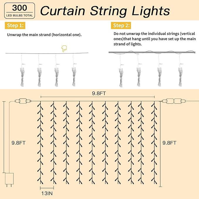 300 LED Curtain String Lights 9.8FT Plug in Fairy Lights with Timer and 8 Modes, Waterproof Window Wall Lights for Bedroom Wedding Party Indoor Outdoor Christmas Decor