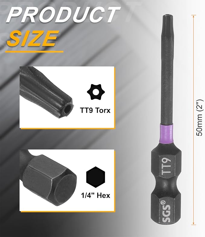 HARFINGTON TT9 Torx Head Impact Screwdriver Bits 1/4" Hex Shank 2" (50mm) Long Magnetic Tamper Proof 6 Point Star Screw Driver Drill Bits Phosphate S2 Steel Power Tools with Hole