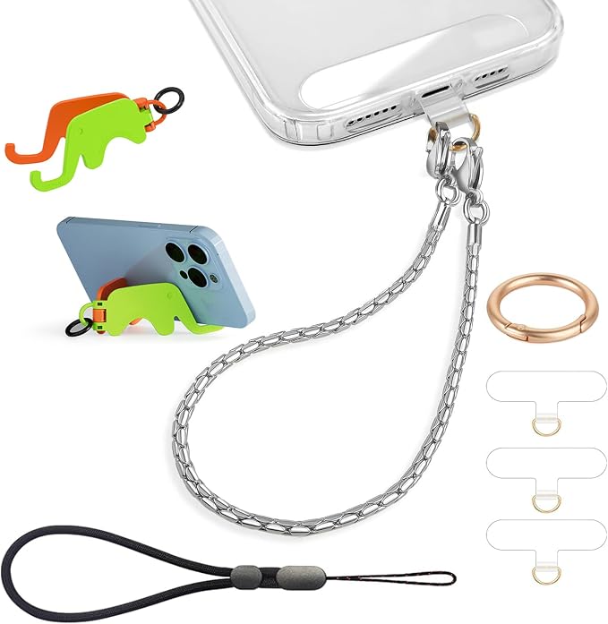 Phone Wrist Strap Metal Phone Chain Lanyard Hand Wristlet Detachable Phones Charm with 3 Tether Tabs with CellPhone Stand Holder Finger Grip Universal for Women Girls Traveling Party Walking Silver