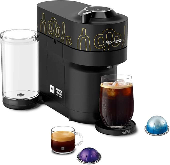 Nespresso Samra Origins Vertuo Pop+ Coffee & Espresso Maker by De'Longhi | Samra Origins by The Weeknd coffee machine in buna yellow, with one-touch, 25 fl. oz. side tank and 30 second heat-up.