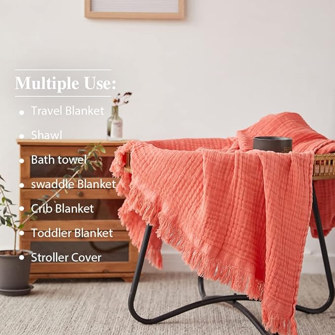 Simple&Opulence Cotton Muslin Throw Blanket for Bed, Couch, Knit Woven Gauze Blanket with Tassels, Soft Lightweight Cozy Pre-Washed Breathable Farmhouse Decoration for All-Season (Coral Red)