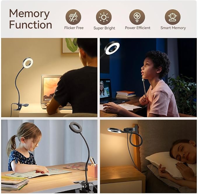 2 Pack LED Clip on Desk Lamp, Metal 360 Adjustable Neck | Eye-Caring Clamp Lamp, Memory Function, 3 Color Modes & 10 Brightness Levels, For Home, Office, Dorm, Bedroom