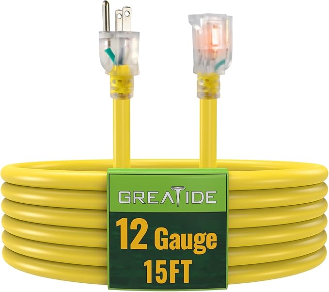 Outdoor Extension Cord with Lighted End, 12 Gauge Heavy Duty Extension Cord 15 FT, 3 Prong Grounded 15 Amp Extension Cord, 12/3 SJTW Waterproof Power Cord for Appliance, UL Listed, Yellow