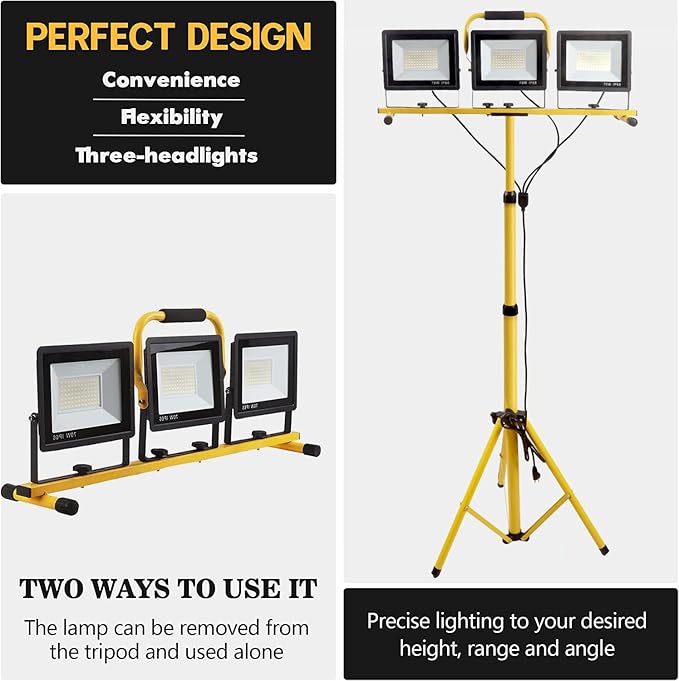 22000 Lumen Work Lights with Stand, 3 Head Portable LED Work Light, with Adjustable&Foldable Tripod Stand, IP66 Waterproof Lamp for Outdoor Indoor Job Site Workshop Garage Construction Site Lighting