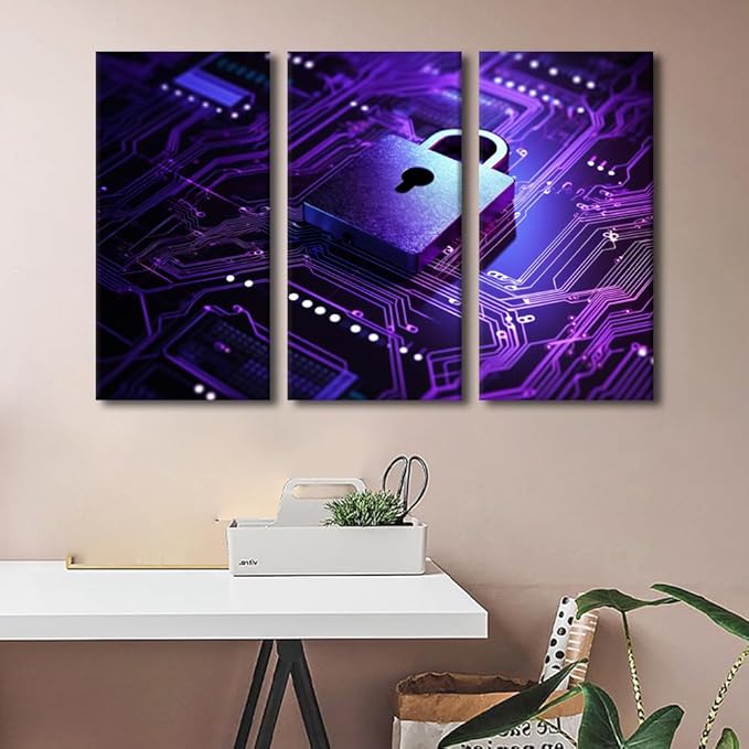 3 Panel Canvas Wall Art Padlock on Circuit Board Background Neon Purple Created Pictures Print On Canvas for Home Decoration, Stretched Framed Gallery-Wrapped Ready to Hang, 60" Wx40 H