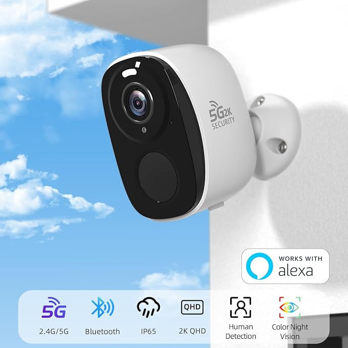 2K Security Camera Wireless Outdoor, 5GHz/2.4GHz WiFi Camera for Home Security Battery Powered, AI Motion Detection, Color Night Vision, 2-Way Talk,Siren,Spotlight,IP65,Works w/Alexa,Cloud/SD