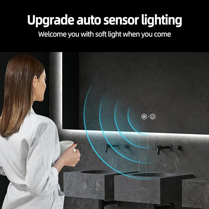 Backlit LED Bathroom Mirror, Infrared Motion Sensor Vanity Mirror with 3-Color Lights, Stepless Dimmable Wall Lighted Mirror with Anti-Fog, Memory, Rectangular (36" H x 72" W)