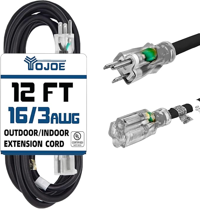 YOJOE Indoor Outdoor Extension Cord with Lighted End, 3 Prong 13A Weatherproof Power Cord, 16 Gauge Heavy Duty 12 ft Black Extension Cord for Garage, Garden and Home, 16/3 SJTW UL Listed