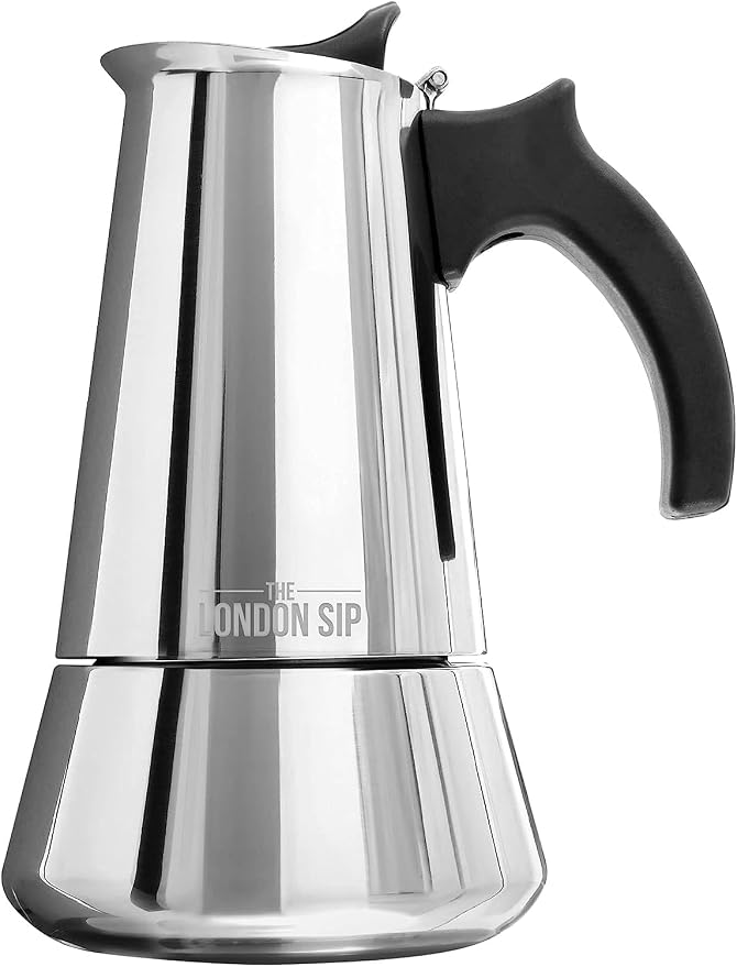 London Sip Stainless Steel Stovetop Espresso Maker Moka Pot Italian Coffee Percolator, Silver, 10 Espresso Cups