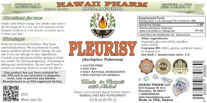 Pleurisy Root Alcohol-Free Liquid Extract, Pleurisy Root (Asclepius tuberosa) Dried Root Glycerite Natural Herbal Supplement, Hawaii Pharm, USA 2x32 fl.oz
