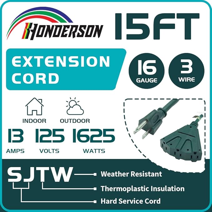 3-Outlets Indoor Outdoor Extension Cord Weatherproof, UL Certified, 16 Gauge 15FT Green 3 Prong Heavy Duty, 16/3 SJTW 13A Power Cord