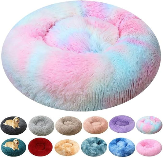 Calming Donut Dog & Cat Bed, 36 Inch Round Fluffy Dog Beds for Small Medium Large Dogs and Cats Anti-Anxiety, Puppy Bed, Washable Round Cozy Soft Pet Bed (Multi Color)
