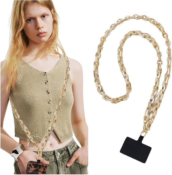 Phone Crossbody Chain CellPhone Lanyard, Acrylic Shouder Strap Universal Lanyard Chain with Tether Patches Compatible with Most Phones Bag Purse (Begie